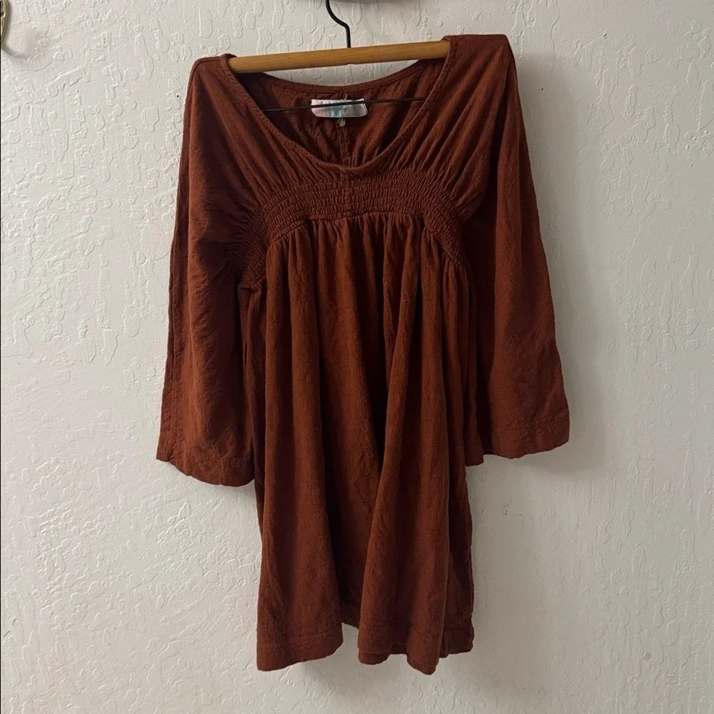 Free People Beach Celia Mini Dress Smocked Brown XS